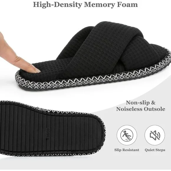 ⚡Women Boho Waffle Black Cotton Memory Foam Bedroom Corduroy Open Toe Shoes - Picture 5 of 6